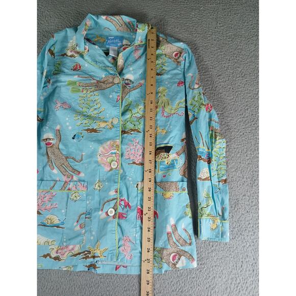 Nick & Nora Pajama Set Womens Small Blue Flannel Sock Monkey Mermaid Ocean Sea - Picture 4 of 14